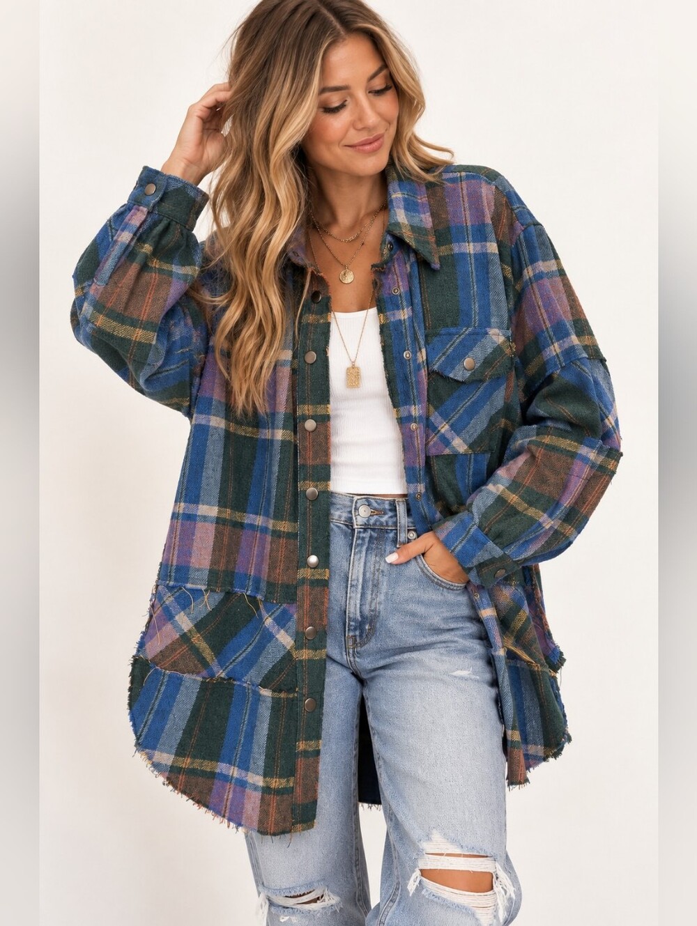 Oli & Hali Plaid Patchwork Oversized Shacket Raw Hem Snap Front Size Small